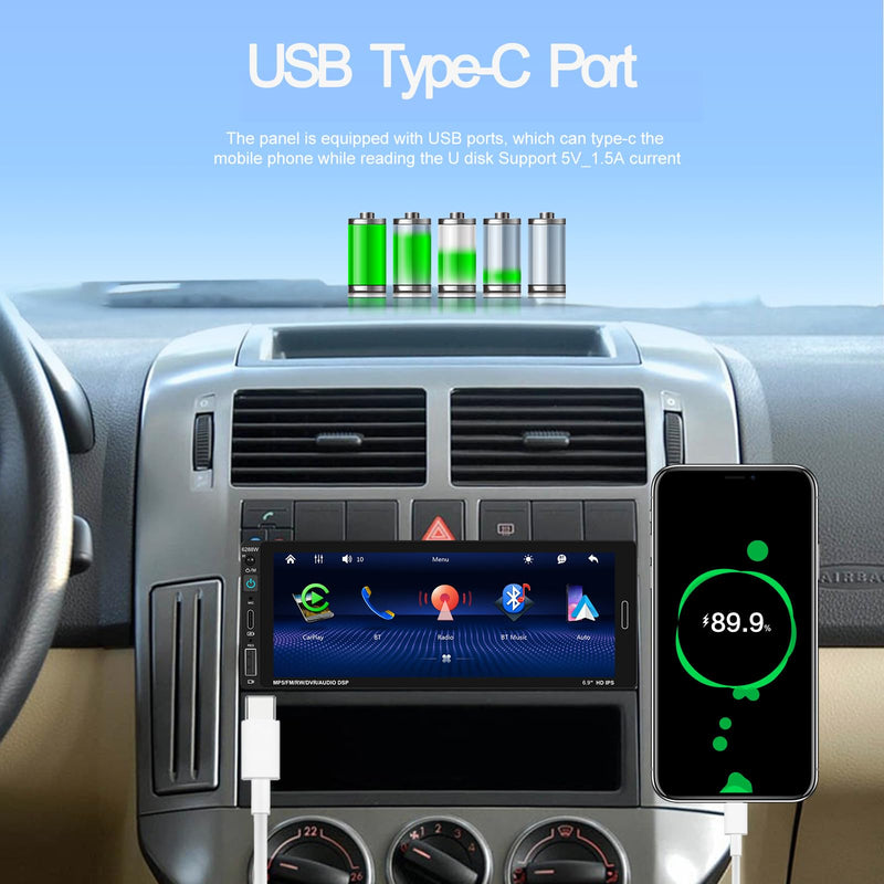 [Fuluku] 6.9 Inch Single Din Car Stereo with Wireless Carplay Android Auto | Wireless Carplay Android Auto,1 Din Car Radio BT with Backup Camera, Mirror Link, FM, EQ, USB/Type-C/Aux Input, Mic, SWC