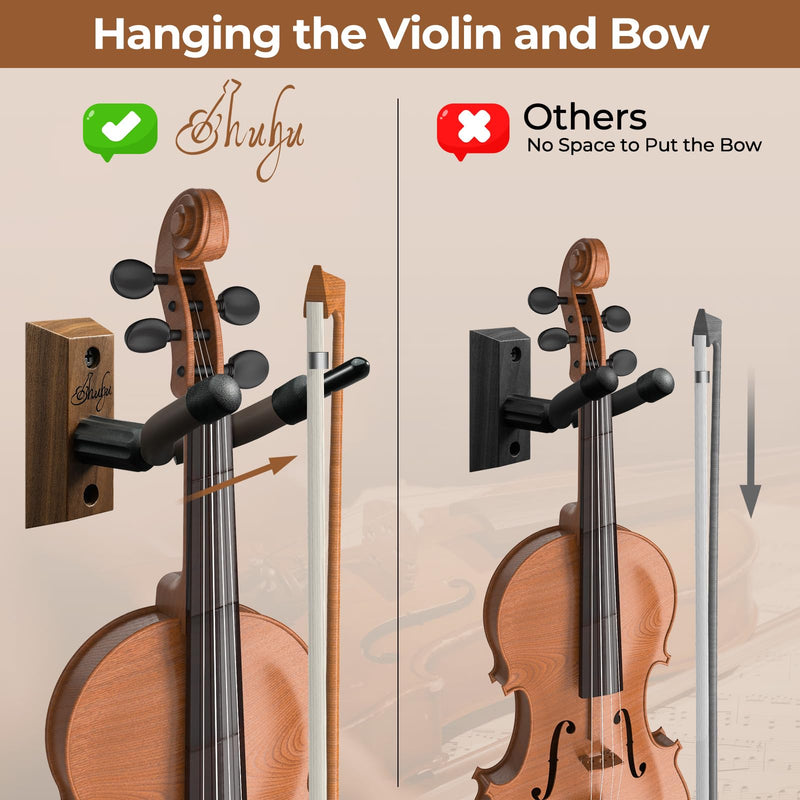 Ohuhu Violin Wall Mount Hanger, Hardwood Violin Hanger with Bow Holder for Home & Studio (2 Pack)