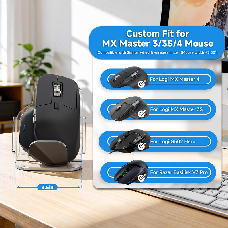 Acrylic Mouse Stand for Logitech MX Master 3 3S 4 Wireless Mouse | Desk & Wall Mount Display Holder for Wireless and Wired Mouse, with Cable Management Organizer, Clear Acrylic, Stand Only