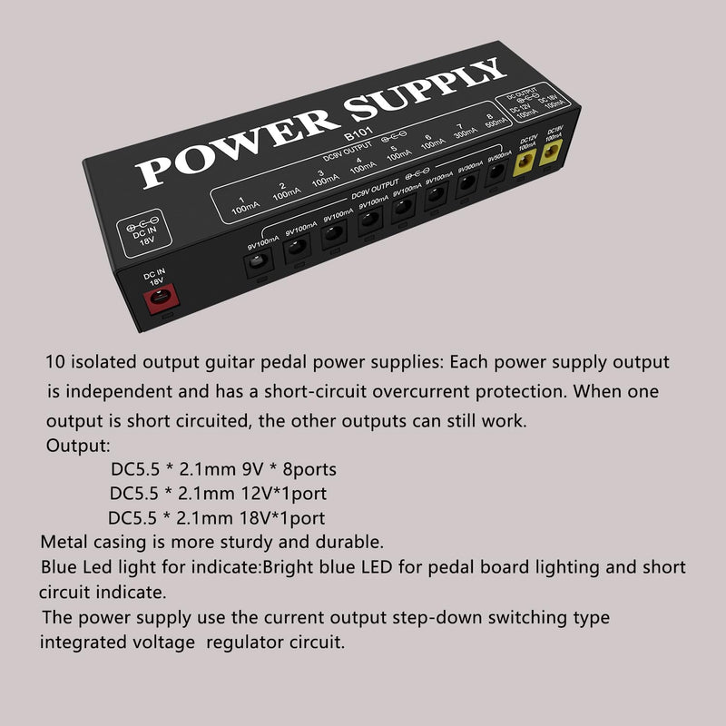 B101 Guitar Pedal Power Supply, 10 Isolated Outputs, 9V/12V/18V