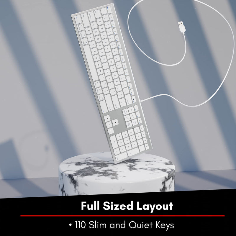 Macally Ultra Slim USB Wired Computer Keyboard - Works as Windows or Mac Wired Keyboard - Full Size Keyboard with 20 Apple Shortcut Keys - Mac Keyboard with Number Pad - Silver Aluminum Finish