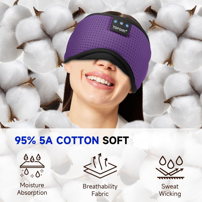 TOPOINT Sleep Mask Headphones Bluetooth Wireless 5.4, Breathable Cotton Eye Mask for Sleeping Side Sleepers Travel Music Headsets with Microphone Handsfree Men Women Deep Purple