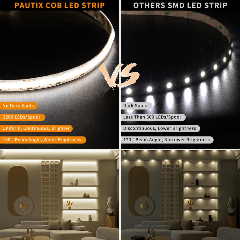 PAUTIX CCT COB LED Strip Light White Tunable 3200LEDs,CRI90+ 16.4ft/5m Dimmable 2700K-6500K 24V LED Tape Lights Kit,Work with Alexa/Google Assistant,for Under Cabinet Bedroom Kitchen DIY Lighting 2700K-6500K/16.4ft(Support Voice Activation)