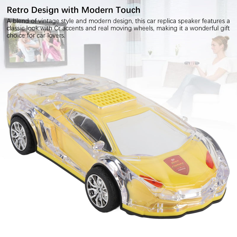Retro Car Bluetooth Speaker with LED Lights, 52MMx2 Stereo Sound, USB C Charging, Replica Design, and Real Moving Wheels, Ideal Gift for Car Lovers, Yellow