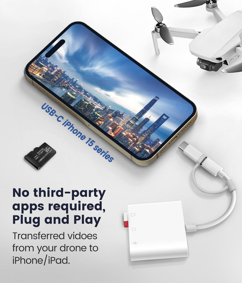 SD Card Reader for iPhone iPad Trail Camera Viewer 3-in-1 SD Adapter with Dual Slots & USB Port, Memory Card Adapter Dual-connector Design with Lightening&USB-C for Photographers, Plug & Play 3 Slots to (Lightning+USBC)