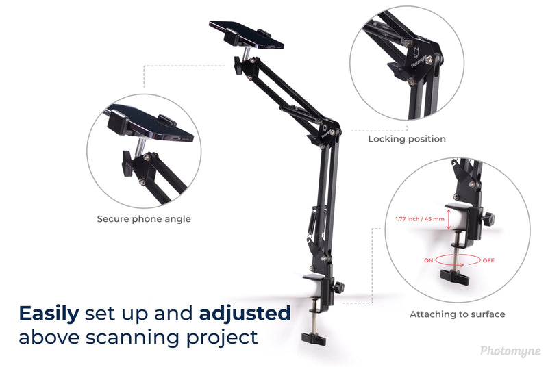 [AUSTRALIA] - PHOTOMYNE Sturdy Flexible Phone Holder for Desk, Table, Office, Kitchen with Clamp for Photo Album Scanning, iPhone Holder for Desk- Black 