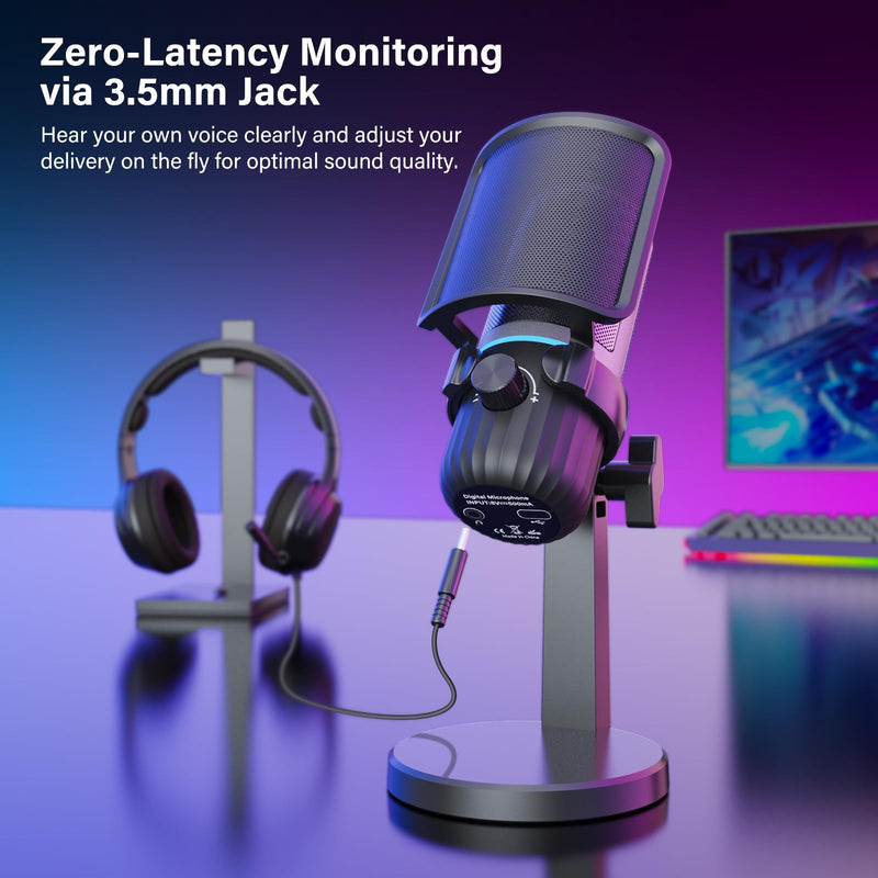 USB Condenser Gaming Microphone, PC Microphone for Streaming, Podcasts, Recording, Desktop Computer Mic with Mute Button & LED Indicator, Volume Control, Headphone Jack