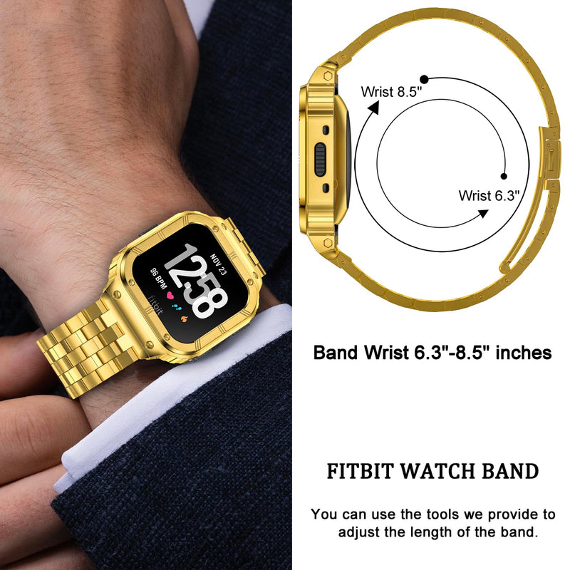 SUPLINK Stainless Steel Case & Band Compatible with Fitbit Versa 4/3/2/Lite/Sense 2/Sense Watch Bands, Men, Protector Cover Strap, Black&Gold