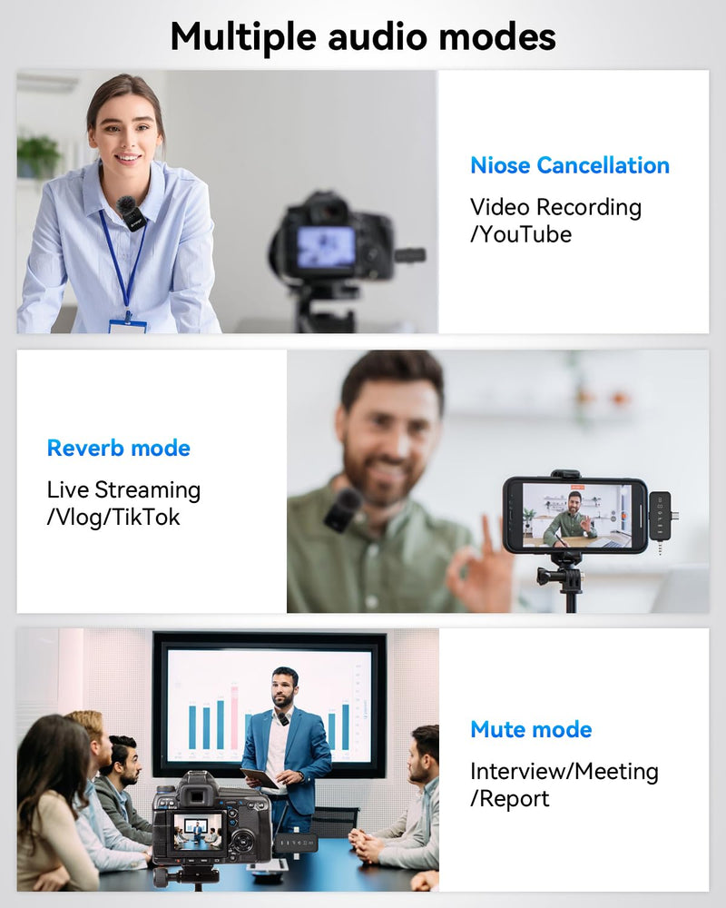 [AUSTRALIA] - PQRQP 3 in 1 Microphone for iPhone/Android/Camera, Wireless Microphones, 328ft Transmission, 18H Battery Life, Mini Microphone for Record Interview, Vlogs, YouTube, Tiktok, Preamps Ebony Black 