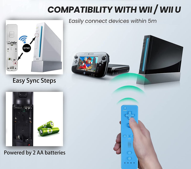 4 Packs Classic Remote Controller Compatible for Wii Wii U Console, Gamepad with Soft Silicone Sleeve and Wrist Strap (Red+Blue+Pink+Dark Blue) Red+Blue+Pink+Dark Blue
