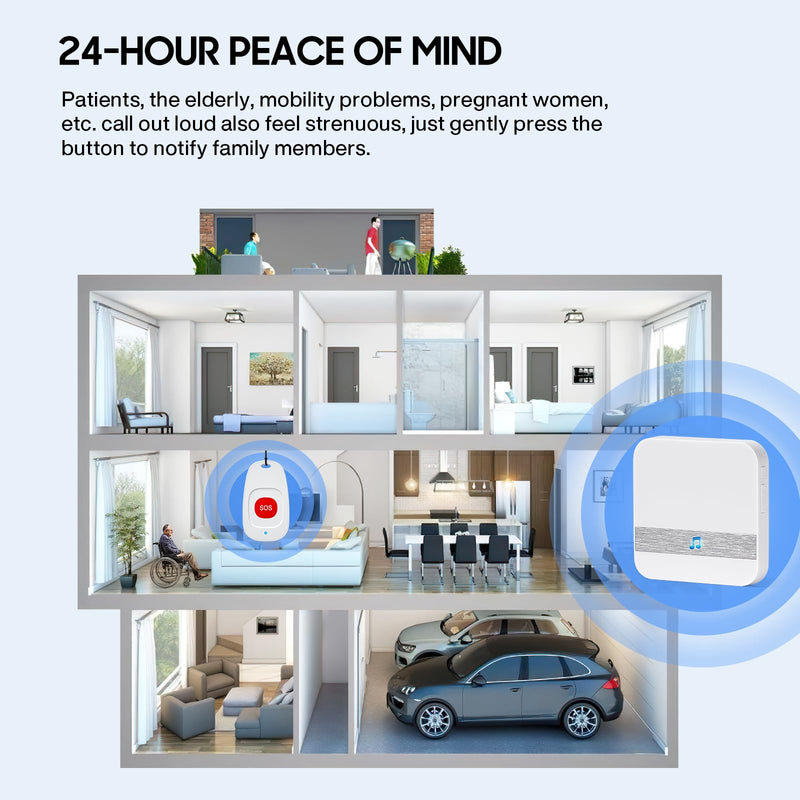 Caregiver Pagers Wireless Call Button for Elderly Patient Personal in Home Life Alert System for Seniors Range 260ft/80Menter,60 Ringtones (3 Call Buttons + 2 Receivers) 3 call buttons + 2 receivers