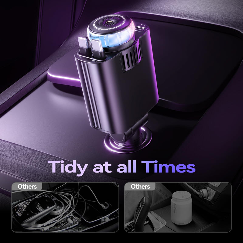 5 in 1 Retractable USB C Car Charger Fast Charge Aromatherapy Starry Sky | 69W Car Chargers Fast Charging Adapter with Air Freshener & Starlight, Compatible with iPhone 17 16 15 14 13 & Android Drak Black