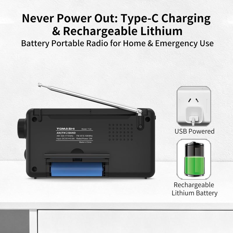 TOMASHI Portable AM FM Radio, USB-C Rechargeable Auto Scan Radio | Large tuning knob, clock display and Micro SD MP3 player. Speaker and headphone jack for home and outdoor use.