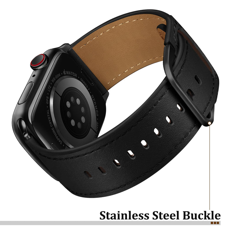 Compatible with Apple Watch Bands 42mm (Series 10) 41mm 40mm 38mm for Men Women, Top Grain Genuine Leather Band Strap Wristband for iWatch, Black/Black+Retro Brown/Black