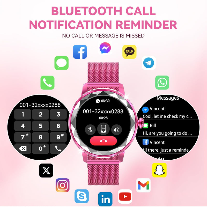 Smart Watch for Women, 1.2" Display 100+ Sports, IP68 Waterproof | Fitness Tracker with Heart Rate, Sleep & Female Cycle, Adjustable Fit, iOS & Android Compatible, W02-Rose Pink
