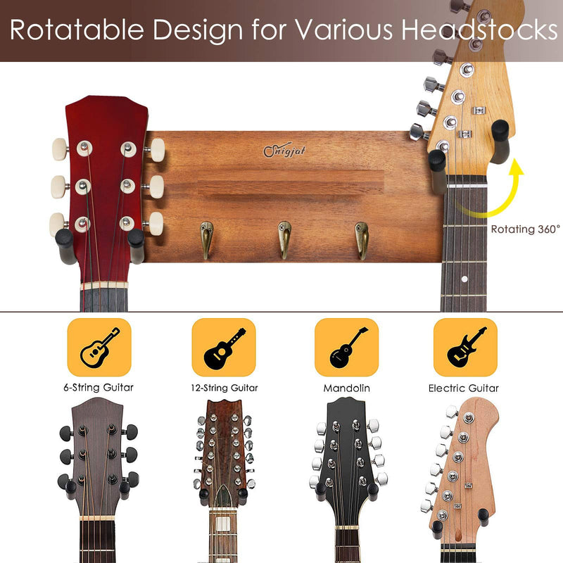 SNIGJAT Guitar Wall Mount with Rotatable Hook, Wood Guitar Hanger with Shelf and Pick Holder, Wall Stand Rack for Acoustic, Electric, Bass