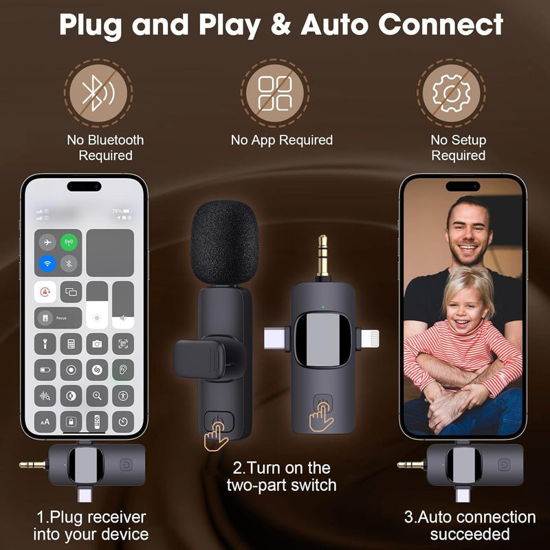 [AUSTRALIA] - HMKCH Wireless Lavalier Microphone for iPhone - Android Phone/Camera/Computer/Laptop, Professional Dual Lapel Mic with Lightning/USB-C/3.5mm/USB Plug for Video Recording, Vlog, YouTube, TikTok 