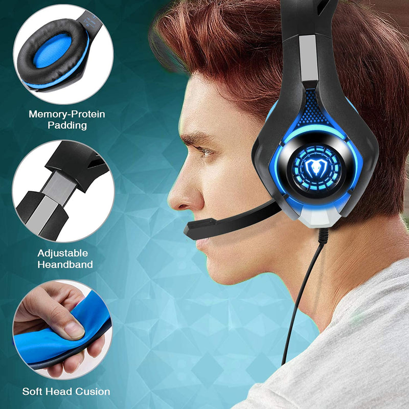 [AUSTRALIA] - BlueFire Stereo Gaming Headset with Microphone for PS5 PS4 Xbox One Switch PC Mac – Wired Over-Ear Headphones with Surround Sound, Soft Memory Foam, Noise Canceling Mic, Light, 3.5mm Jack (Blue) Blue 
