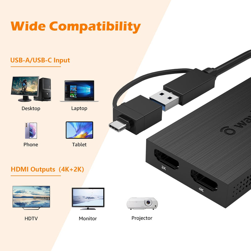 WAVLINK USB 3.0 to HDMI for Dual Monitors, USB C to HDMI Universal Video Graphics Adapter, 4K@30Hz, 1080p@60Hz, Thunderbolt 3/4, for Windows 7/8/8.1/10/11, Mac OS 10.10x or Above, Chrome OS, Android USB to 2 HDMI