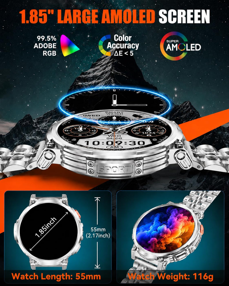 Military Smart Watch for Men, Flashlight, 1.85" Big Screen, 930mAh Battery | AMOLED Display, Bluetooth Calling, 2 Bands, IP68 Waterproof, 114 Sports Modes, Fitness Tracker, Android & iPhone Compatible