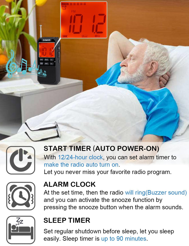 [AUSTRALIA] - ZHIWHIS Portable Radio, AM FM Stereo SW NOAA Weather VHF Receiver with Alerts, Rechargeable DSP Pocket Radios with 9.85Ft Wire Antenna, 900mAh/396Presets/Alarm Clock/Sleep Timer for Walking ZWS-878 