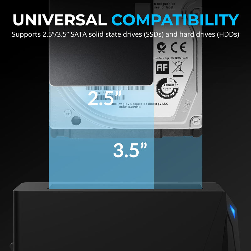 SABRENT USB-C Hard Drive Docking Station, 2.5/3.5in SATA, 10Gbps (DS-UC1B) | Tool-free hot-swap dock for 2.5"/3.5" SATA SSD & HDD; up to 20TB; Windows & Mac Single-Bay SATA Dock – USB-C 10Gbps