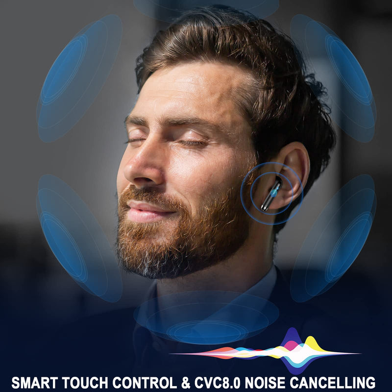 Jxrev J53 2 Pack Black and Dark Blue Wireless Earbuds, Bluetooth Ear Buds LED Power Display Headphones Bass Stereo, Earbuds in-Ear Noise Cancelling Mic, 40H Playback Mini Case