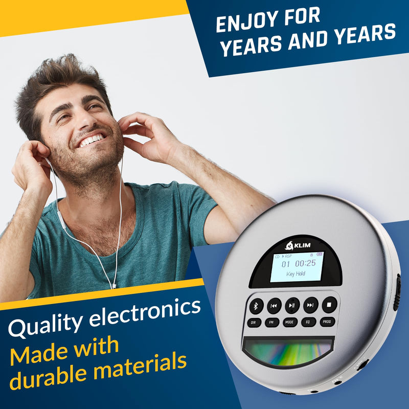 KLIM Nomad - New Version - Portable CD Player Walkman with Long-Lasting Battery - with Headphones - Radio FM - Compatible MP3 CD Player Portable - TF Card Radio FM Bluetooth - Ideal for Cars - Grey
