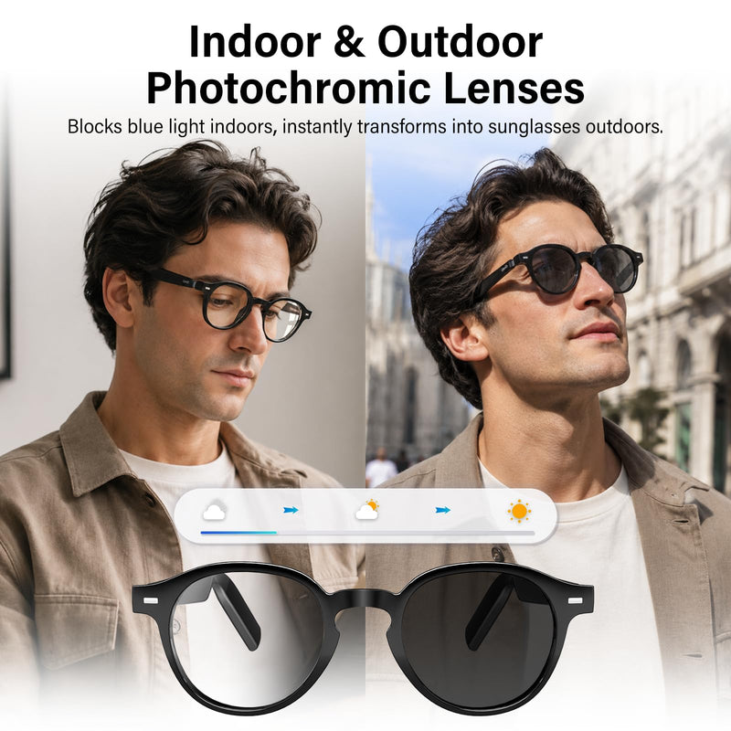 GetD AI Smart Glasses, Photochromic Lenses, Bluetooth Translation Glasses | AI Sunglasses for Women Men, Real Time Translation, Bluetooth Open Earbuds, 11H Playtime, UV Protection, IPX4 Waterproof Standard,Transparent Black/Photochromic Lenses