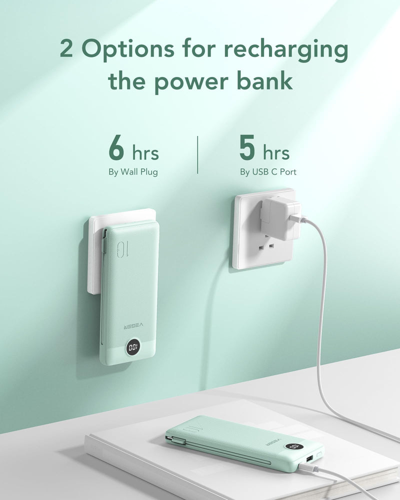 VEGER Portable Charger for iPhone with Built in Cables and Wall Plug, 10000mah Slim Fast Charging USB C Power Bank, Travel Essential Battery Pack Compatible with iPhone, iPad, Samsung etc(Green) Green