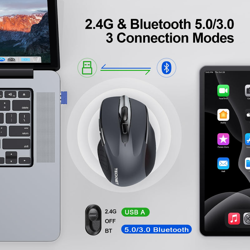 TECKNET Wireless Mouse (BT5.0/3.0 & 2.4G) Rechargeable 4800 DPI Silent Mouse 6 Buttons Bluetooth Mouse, USB A Mouse Wide Compatibility - Grey