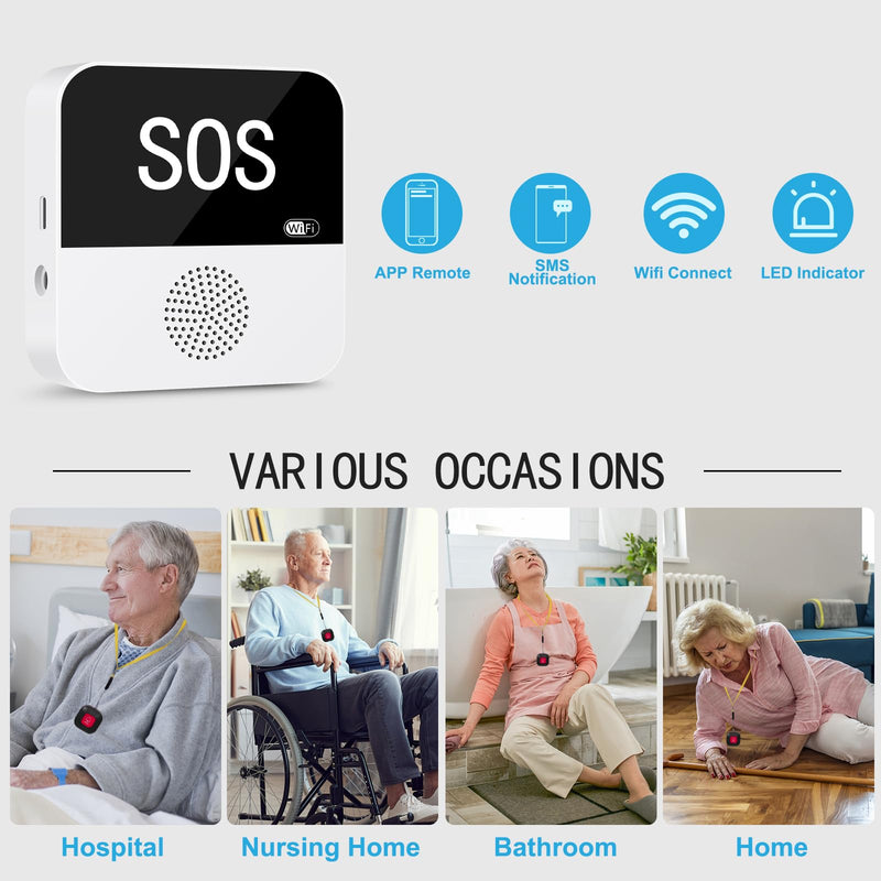 WiFi Wireless Caregiver Pager Call Button Life Alert System Emergency Alert Button for Seniors Patient Disabled Elderly 2 Panic Buttons 1 Receiver(only Supports 2.4GHz Wi-Fi) 2 black call buttons + 1 receiver