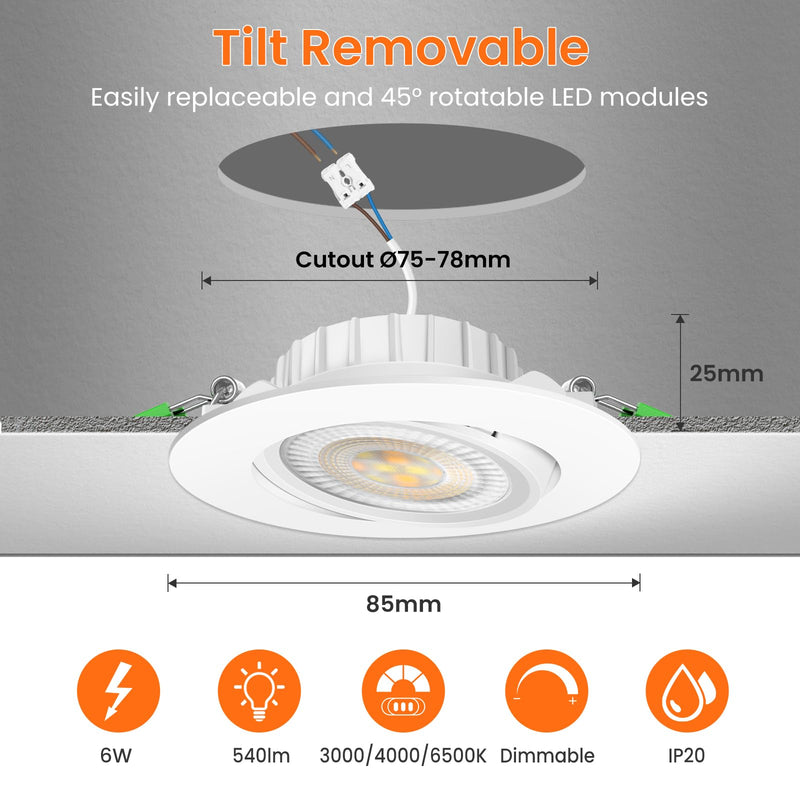 [AUSTRALIA] - ALUSSO LED Recessed Spotlight 230 V 76 mm, 6 W Tilt Recessed Spotlight, LED Flat 25 mm, 3CCT Spot Warm White 3000 K Natural White 4000 K Cool White 6500 K, Removable Recessed Spotlight, LED Dimmable Neigung Abnehmbar, Ø75-78mm Lochmass 
