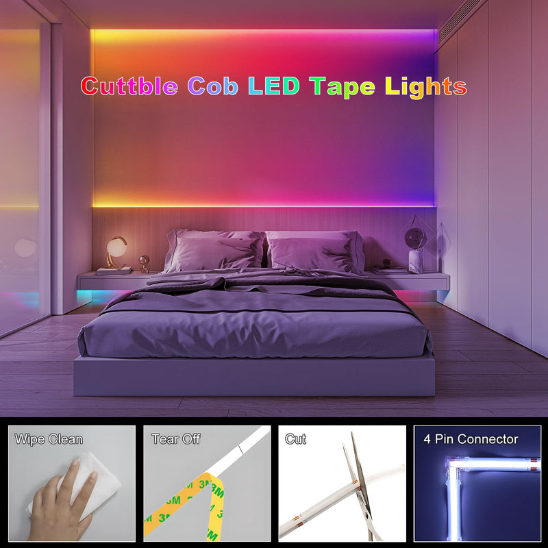 20FT LED Strip Lights COB Smart IC, 24V RGB LED Lights for Bedroom with RF Remote Smart App Button Controller Music Sync Color Changing Strip Lights for Game Room Kitchen Cabinet Lighting 20FT