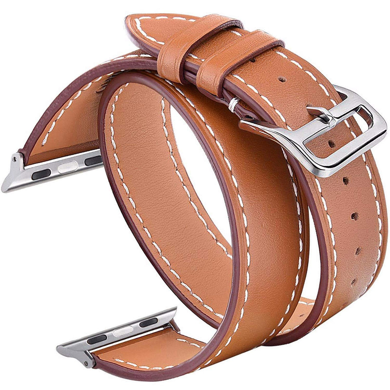 Speidel 38mm Luxury Brown Genuine Leather Double Tour Band With Stainless Steel Adapters and Buckle compatible for use with the Apple watch series 1,2,3,4,5 and 6