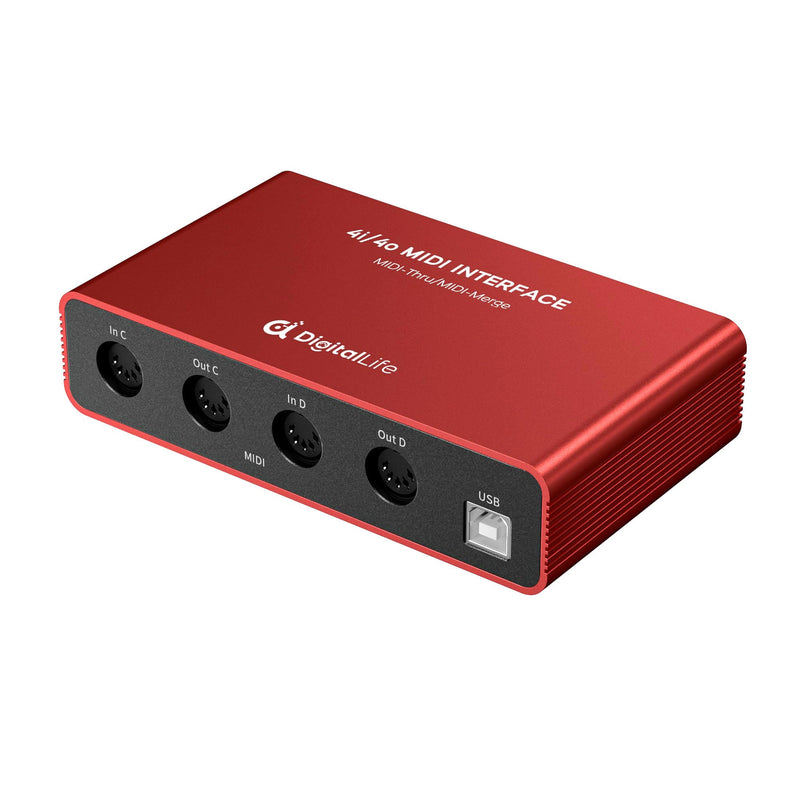 DigitalLife Stand-Alone Quad-I/O 5-PIN DIN MIDI Interface - MIDI Thru Box (4-In/4-Out) & MIDI Merge Box (2-In/4-Out), w/LED Indicators, Metal UMB05