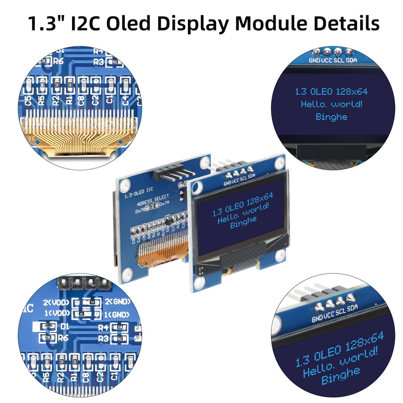 1.3 Inch OLED I2C Display Module Binghe 3 Pieces 1.3 Inch LED OLED Display I2C IIC OLED Display with 1106 Chip 128 x 64 Pixel I2C Screen Display Module with Blue Character Compatible with