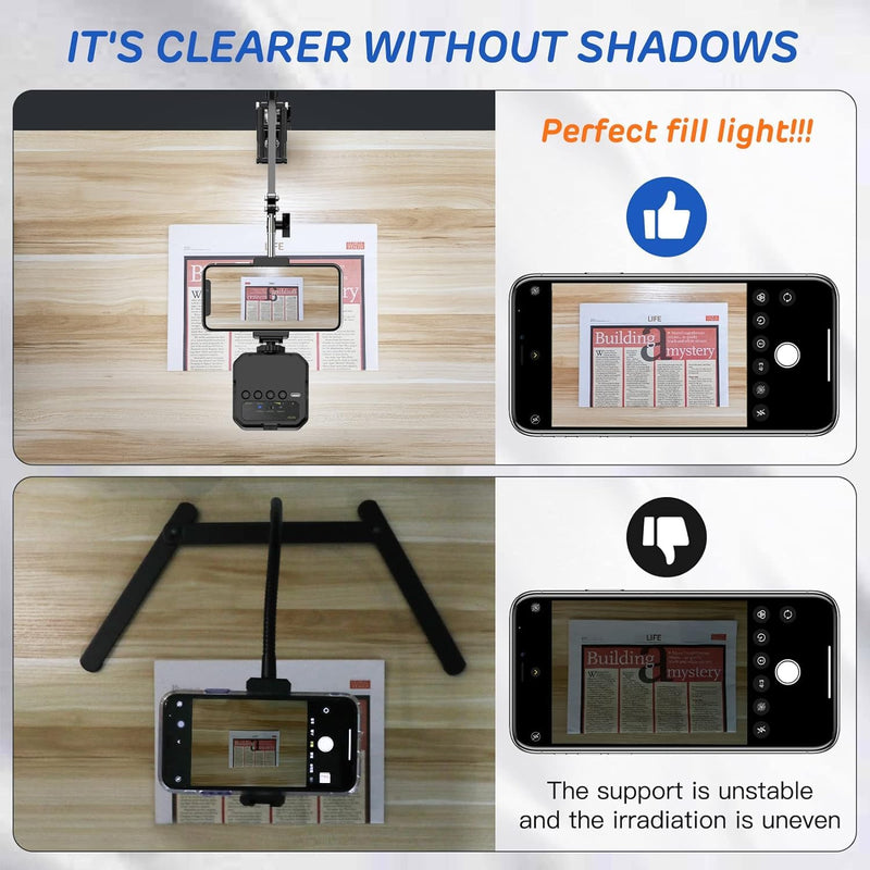 Overhead Phone Mount, Articulating Arm Cell Phone Holder with LED Light, Flexible Phone Stand for Live Streaming,Video Recording,Drawing,Cooking