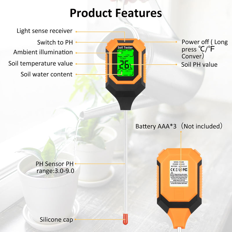 [AUSTRALIA] - 4-in-1 Soil Moisture Meter Digital PH Meter/Soil Moisture/Plant Temperature/Sunlight Intensity, Backlight LCD Display, Soil Test Meter for Garden, Lawn, Plant Care, Farm and Indoor Outdoor Plants 