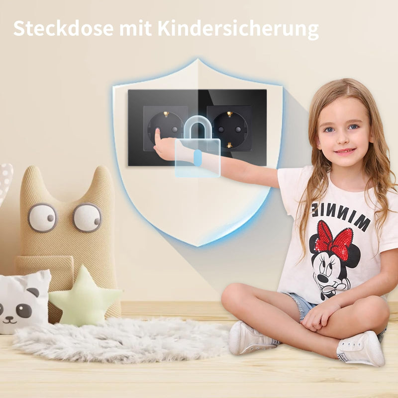 LIAONFOY Schuko Double Socket with Child Safety Lock Glass Frame 2-Way Wall Socket Flush-Mounted Black Double 110-250 V 157 mm 2-gang socket
