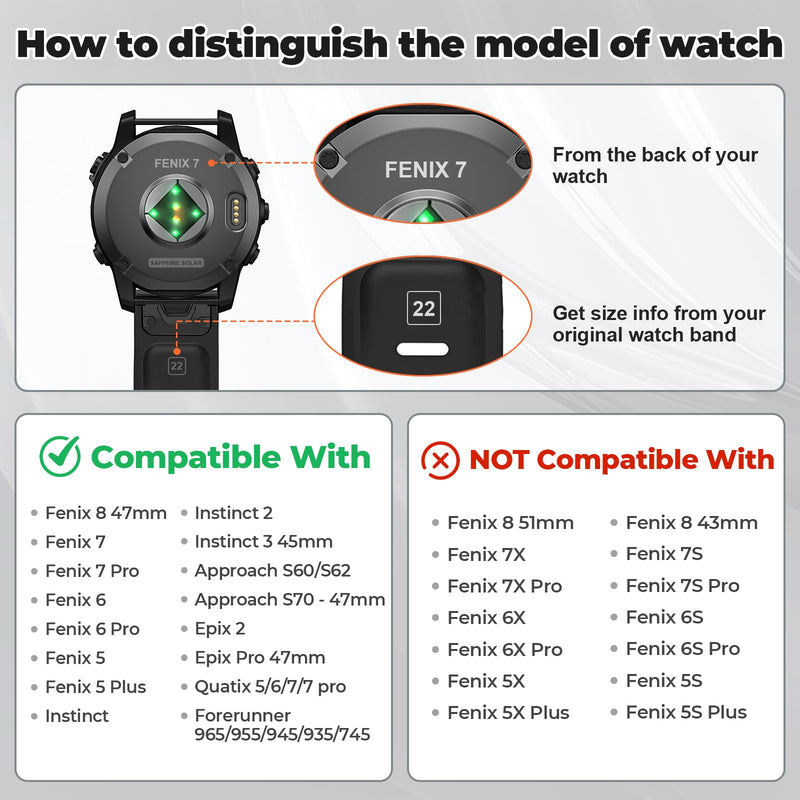ANCOOL for Fenix 5/Fenix 6/Fenix 7 Band 22mm Silicone Watch Band for Fenix 8 47mm/Fenix 7 Pro/6 Pro/5 plus/Forerunner 935/945/955/965/Approach S62/S60/Epix Gen 2 47mm(7pcs Set) 7 Pack White+Black+Slate+Red+Orange+Green+Royal Blue
