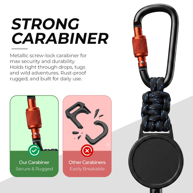 Anti Theft Retractable Steel Phone Lanyard with Carabiner & 360° Tether Tab For Skiing, Hiking, Fishing, Travel. Black