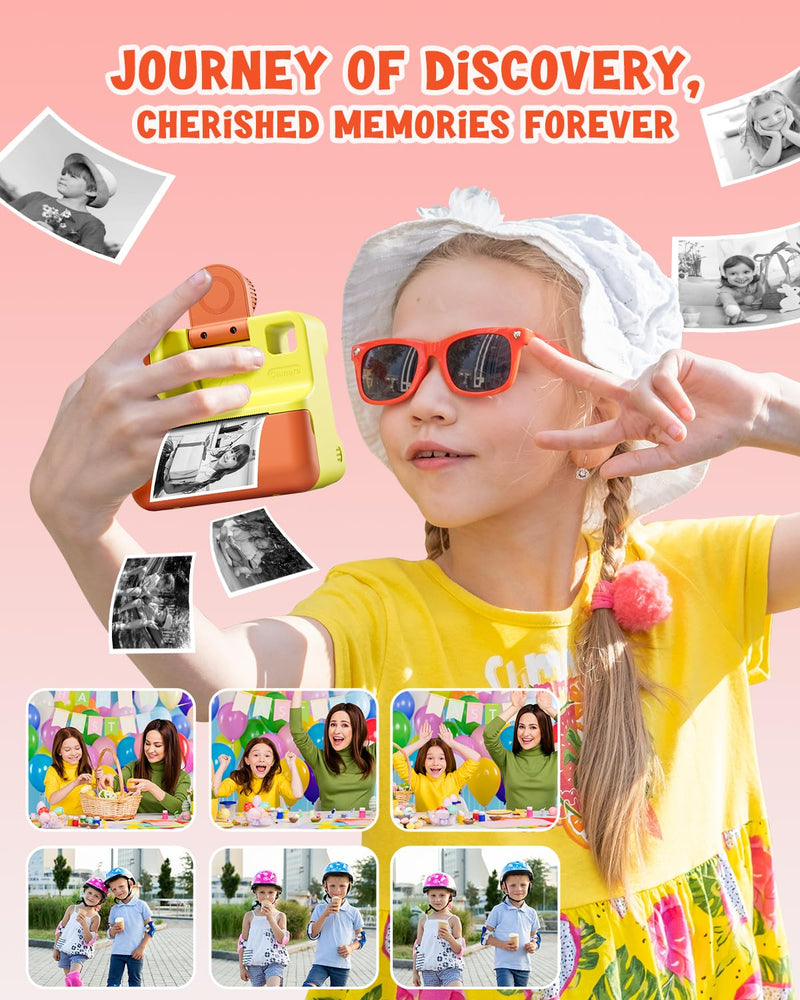 Kids Camera Instant Print, Christmas Birthday Gifts for Toddle Girls Boys Age 3-12, 20MP & 1080P Selfie Digital Camera with 3 Roll No-Ink Print Paper 32G SD Card - Yellow