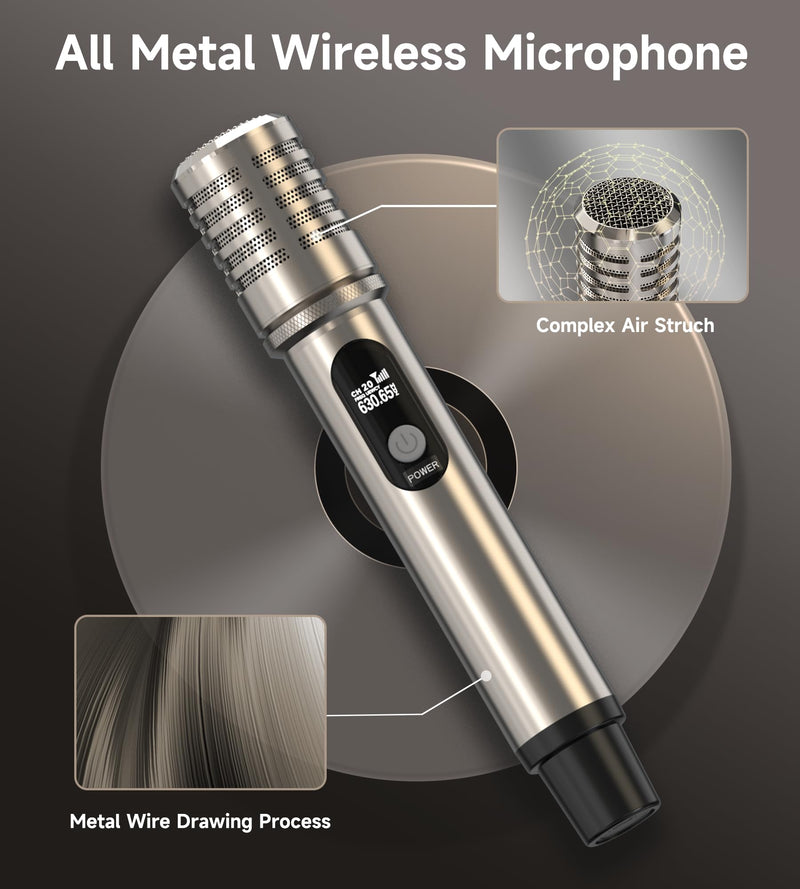Wireless Microphone, Metal Dynamic Mic System with One-to-One Chip Connection and Rechargeable Receiver, 40H Duration, 200FT Range Receiving, Less Latency Karaoke Microphone for Singing