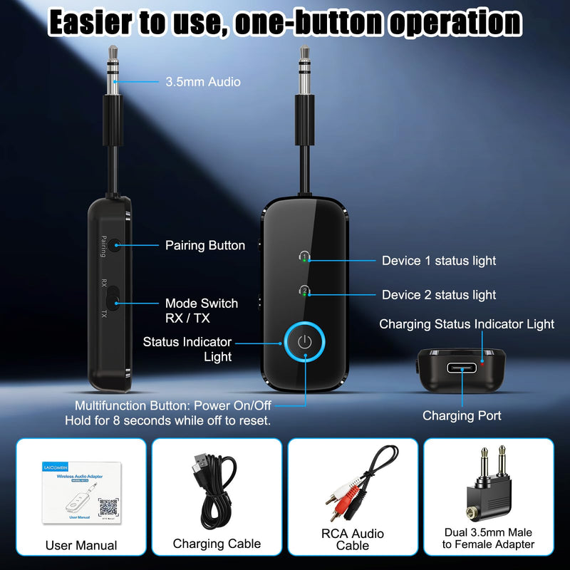 [AUSTRALIA] - Premium Pro Bluetooth 5.4 Transmitter Receiver,Airplane Audio Adapter,Wireless Transmitter for TV/Travel Flight,Airline,Gym.Compatible with 2 AirPods/Headphones,Bluetooth Receiver for Car/Home Stereo Black 