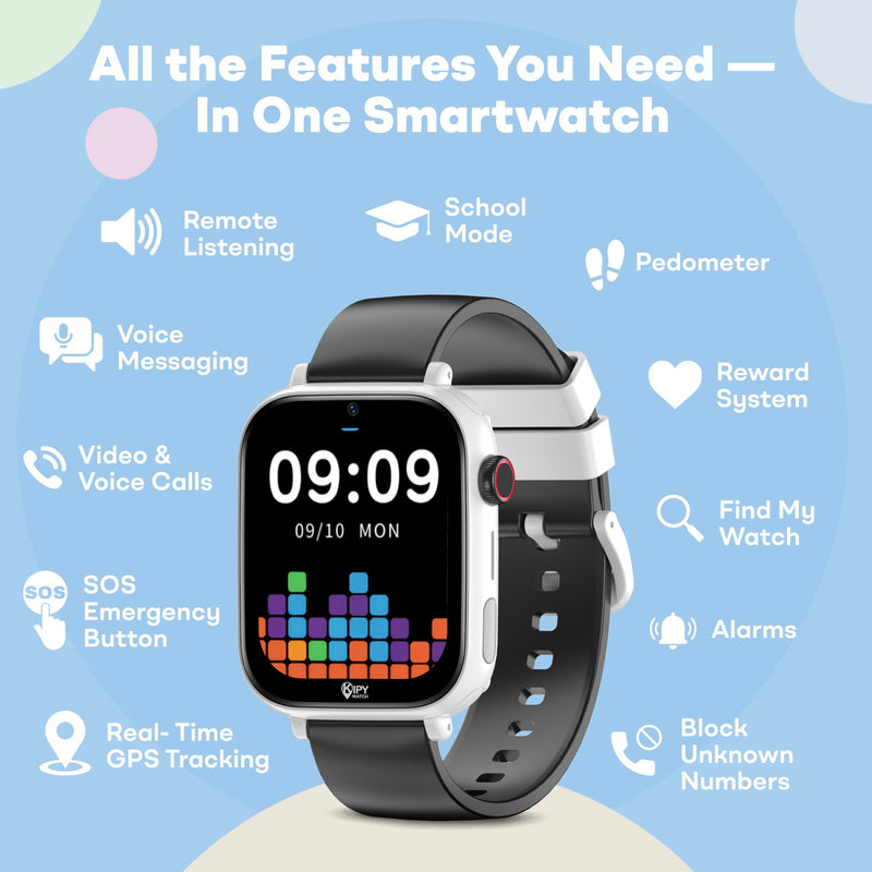 Kipywatch Smartwatch for Boys, Kids Watch with GPS Tracker, Video Calling | 4G Kids Phone Watch, Parental App, Low Subscription - Safety Alert, School Mode - Interchangeable Strap - Back to School Gift