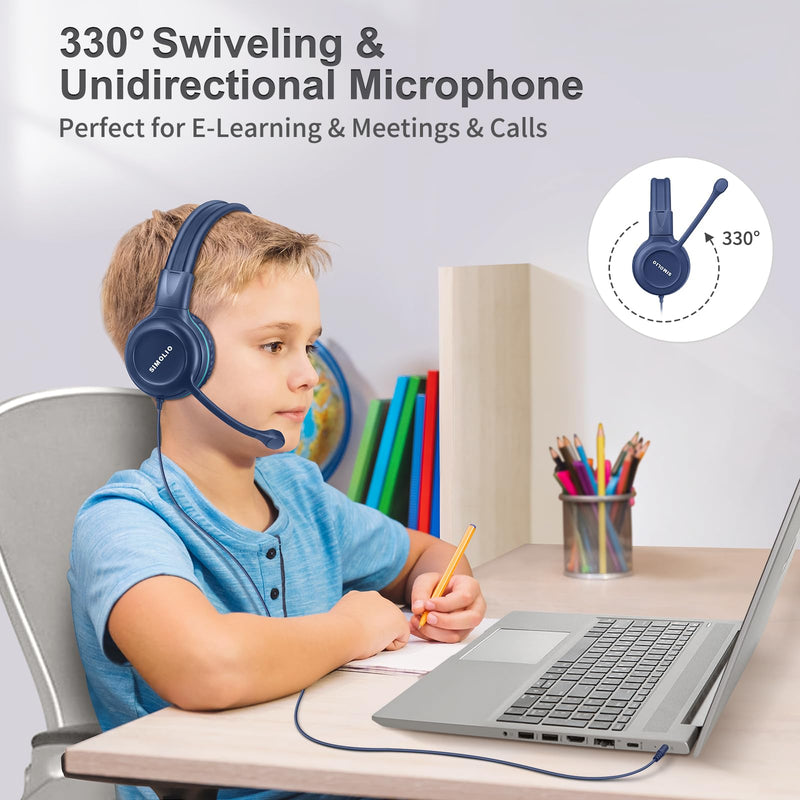 SIMOLIO Wired Headphones for School with Microphone, Stereo Kids Headphone with Flexible Swivel Boom Mic for Student K12 & Teacher & E-Learning, 3 Levels Volume Limiter Gaming Headsets for Boys, Girls Blue