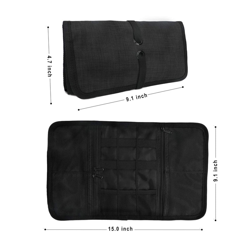 Patu Roll Up Electronics Accessories Travel Gear Organizer Case, Black - Portable Universal External Batteries Hard Drives Cable Management Healthcare Cosmetics Kit Bag