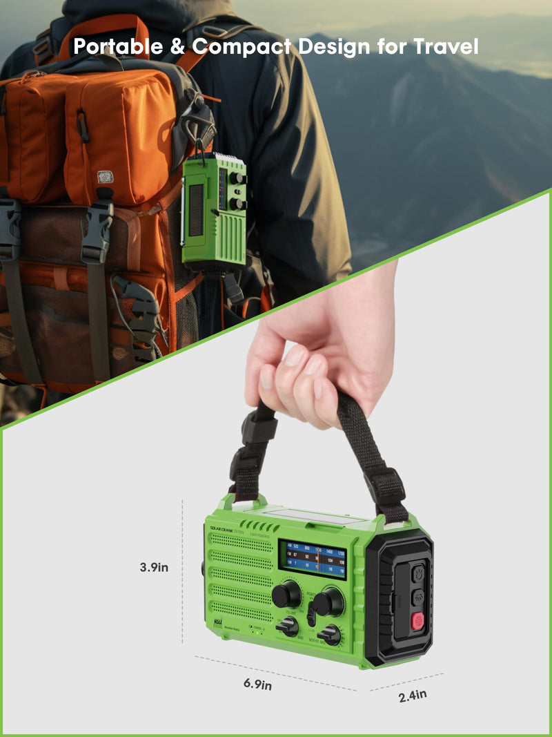 Weather Radio Raynic Solar Hand Crank Emergency Radio 5 Ways Powered AM/FM/SW/NOAA Weather Alert Portable Radio with Flashlight, Reading Lamp (Green) Green