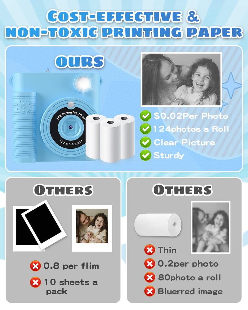 Instant Print Camera for Kids,1080P HD Digital Kids Camera with 32G SD Card,Video Camera for Toddler Christmas Birthday Gifts for 3 4 5 6 7 8 9 10 11 Years Old Girls Boys BLUE